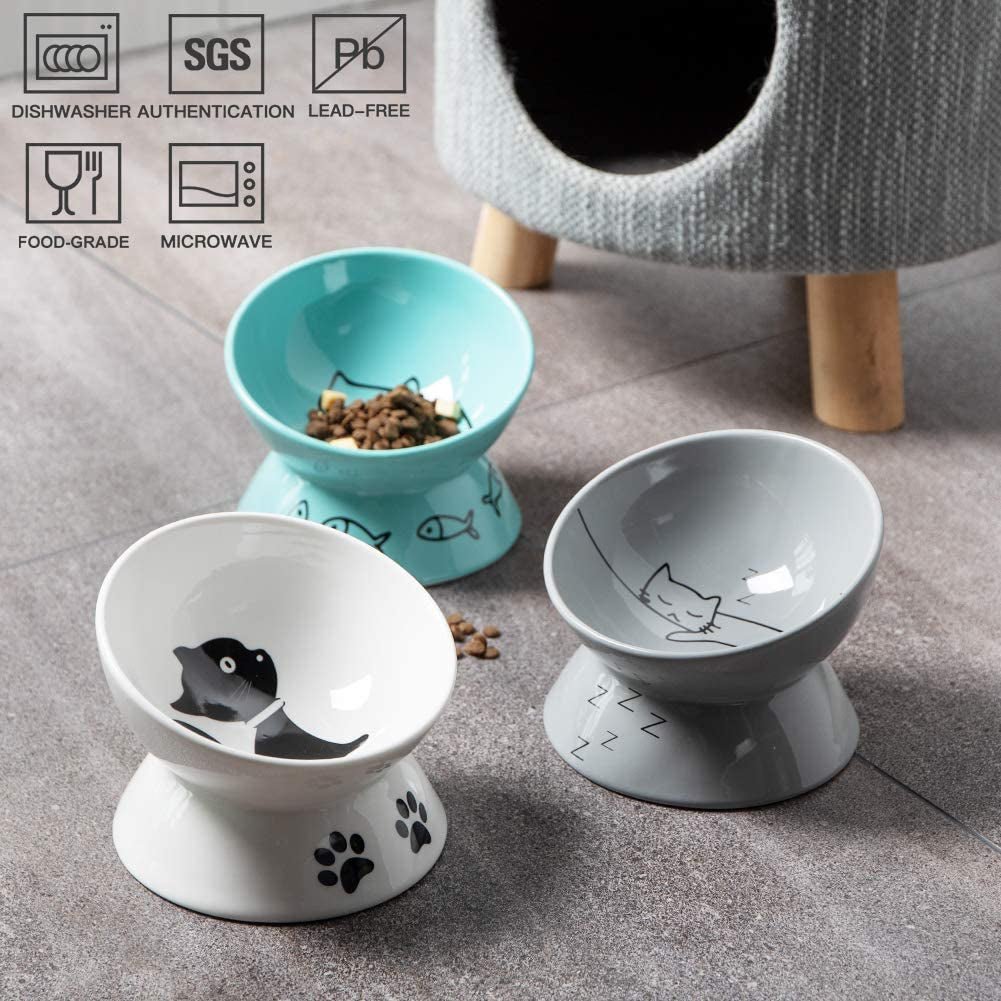 Ceramic Raised Cat Bowls, Slanted Cat Dish Food or Water Bowls, Elevated Porcelain Pet Feeder Bowl Protect Cat'S Spine, Stress Free, Backflow Prevention(Grey) - FurrrBabies & More! - 726084632332