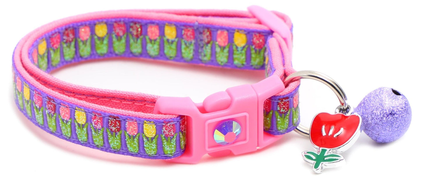 Colorful Tulips Breakaway Cat Collar - FurrrBabies & More! - Purple - Cat Collar
