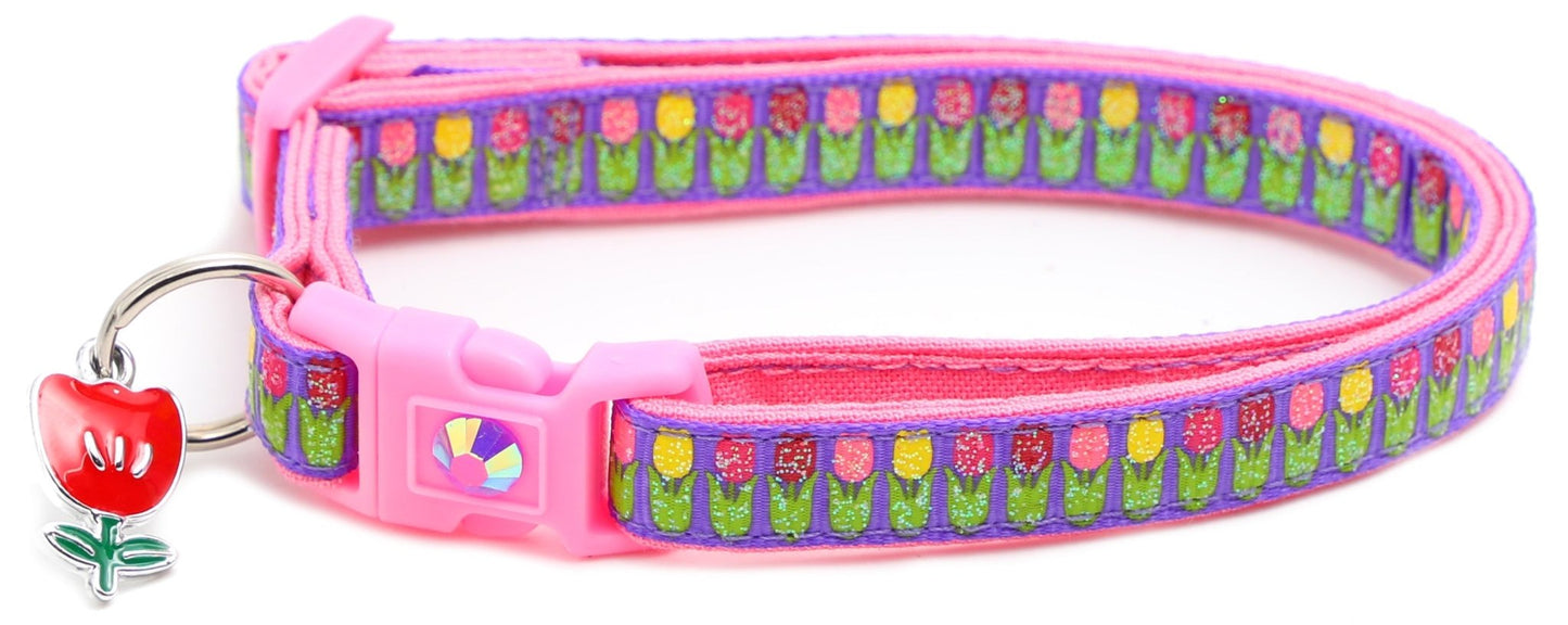 Colorful Tulips Breakaway Cat Collar - FurrrBabies & More! - Purple - Cat Collar
