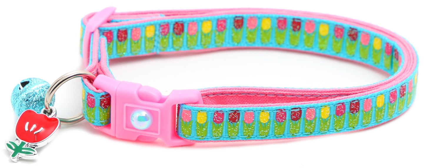 Colorful Tulips Breakaway Cat Collar - FurrrBabies & More! - Bright Blue - Cat Collar