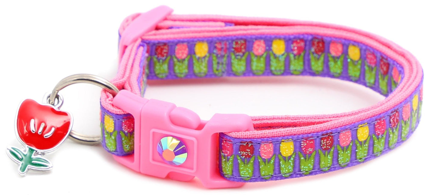 Colorful Tulips Breakaway Cat Collar - FurrrBabies & More! - Purple - Cat Collar
