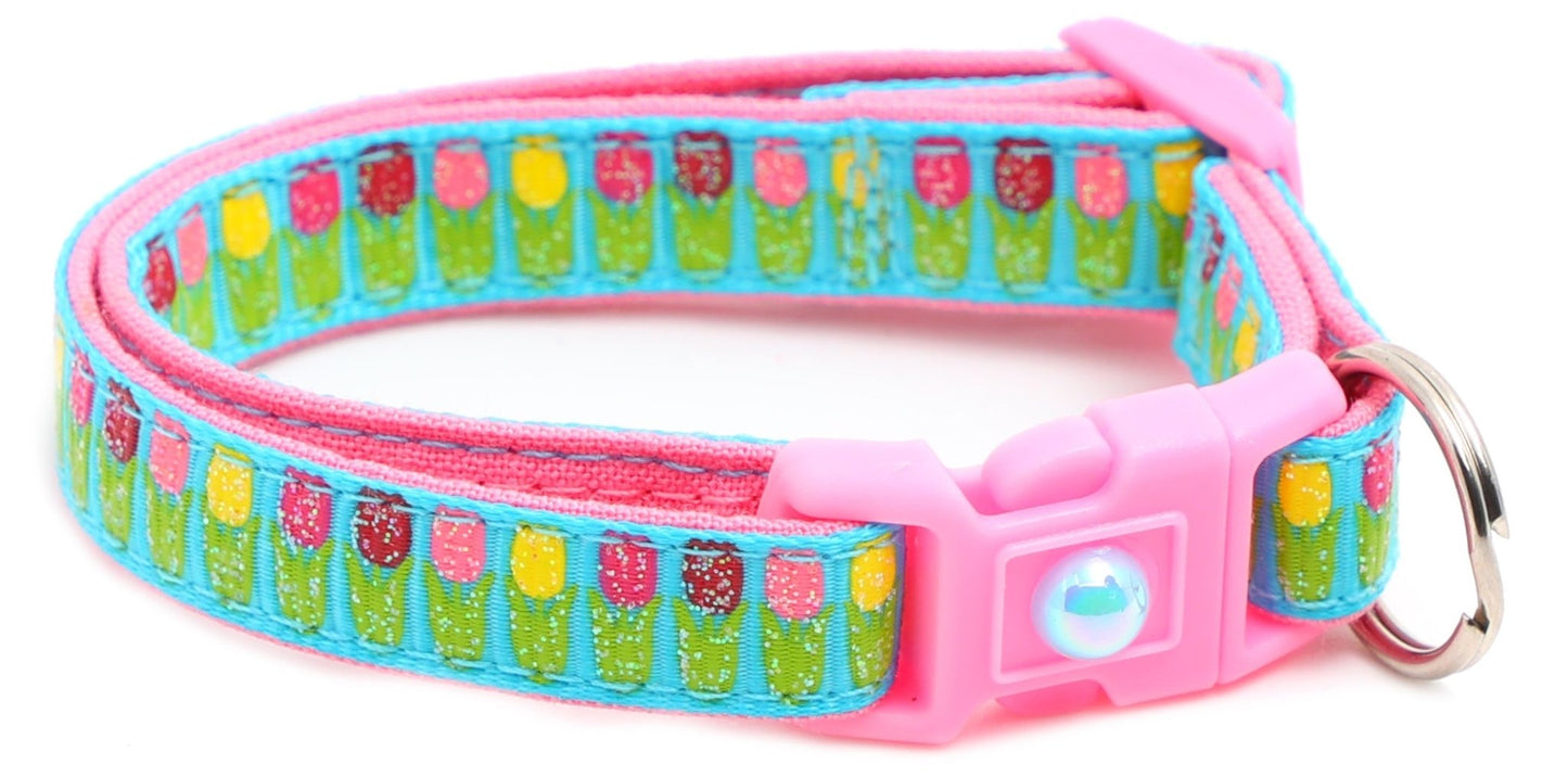 Colorful Tulips Breakaway Cat Collar - FurrrBabies & More! - Bright Blue - Cat Collar