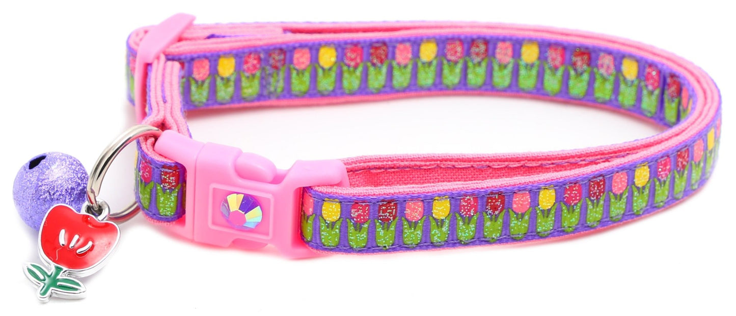 Colorful Tulips Breakaway Cat Collar - FurrrBabies & More! - Purple - Cat Collar