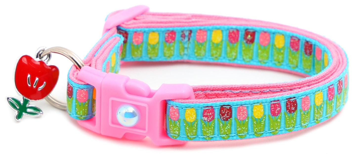 Colorful Tulips Breakaway Cat Collar - FurrrBabies & More! - Bright Blue - Cat Collar