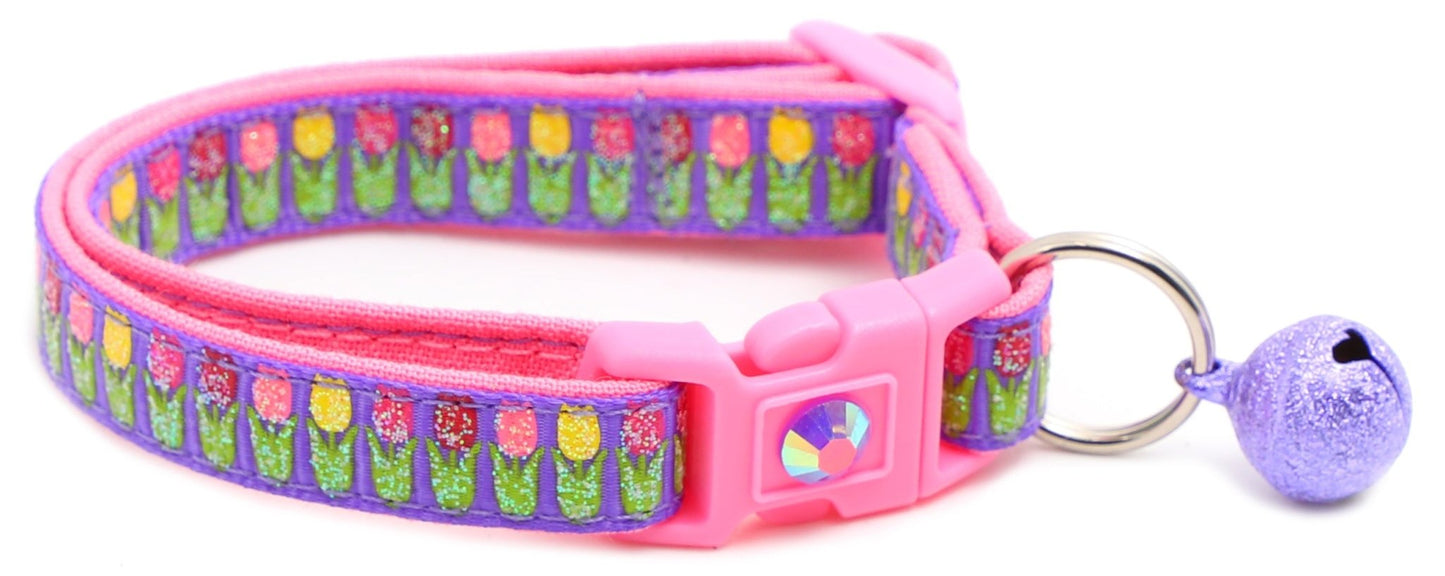 Colorful Tulips Breakaway Cat Collar - FurrrBabies & More! - Purple - Cat Collar