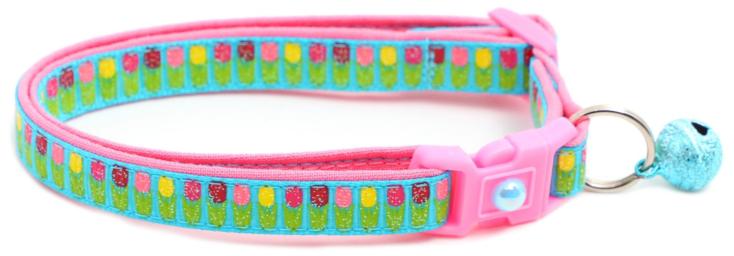 Colorful Tulips Breakaway Cat Collar - FurrrBabies & More! - Bright Blue - Cat Collar