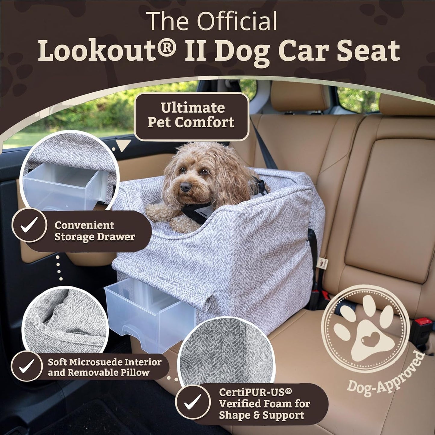Dog Car Seat with Storage Tray: Lookout II Dog Booster Car Seat for Pets up to 18Lbs, Helps Alleviate Travel Sickness & Fear for Dogs, Removable Washable Cover – Palmer Dove, Size Small - FurrrBabies & More! - 313049759786