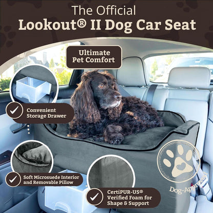 Dog Car Seat with Storage Tray: Lookout II Dog Booster Car Seat Medium Sized Dog, Pet Car Seat to Help Car Sickness for Dogs, Included Harness Strap, Anthracite Removable Washable Cover - FurrrBabies & More! - 313029291237