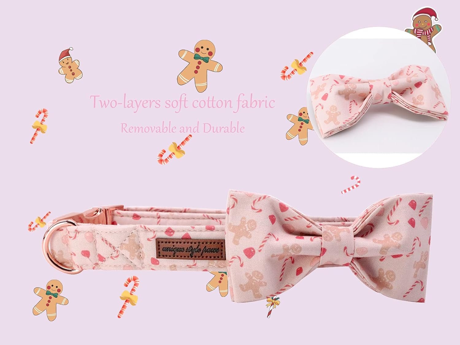 Dog Collar, Pet Collar Dog Bowtie Gift for Girl or Boy Dogs, Christmas Gingerbread Man Adjustable Dog Collar for X - Small Dogs - FurrrBabies & More! - 313089666617