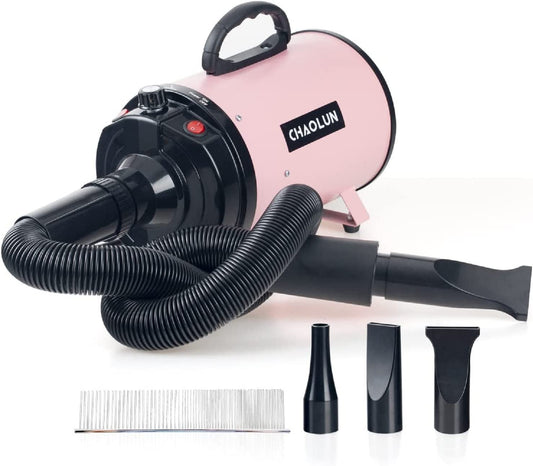 Dog Dryer for Pet Grooming, High Velocity Pet Hair Dryer with Heater, Adjustable Speed, 3 Nozzles and a Comb, Pink - FurrrBabies & More! - 313095449495