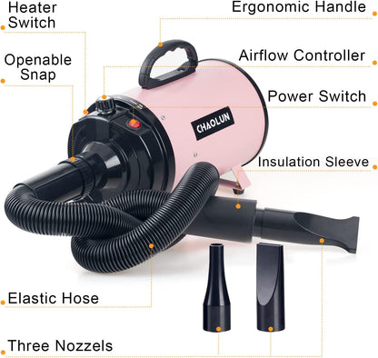 Dog Dryer for Pet Grooming, High Velocity Pet Hair Dryer with Heater, Adjustable Speed, 3 Nozzles and a Comb, Pink - FurrrBabies & More! - 313095449495