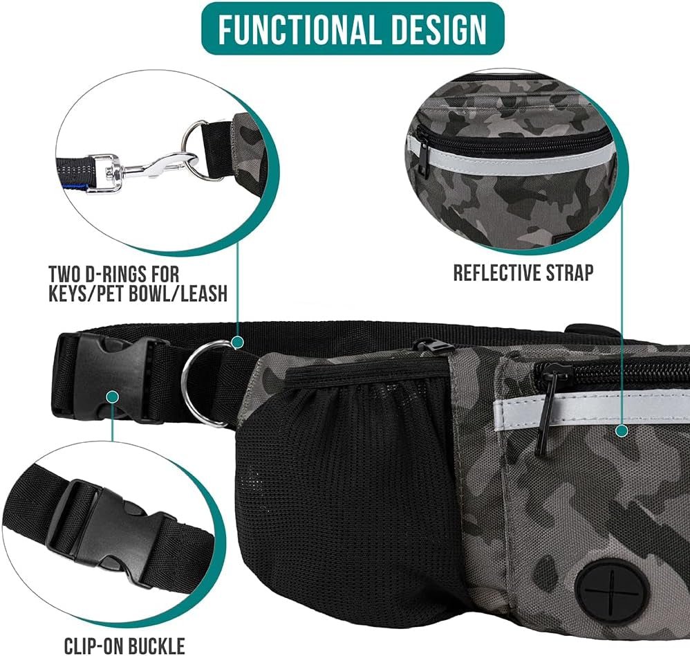 Dog Fanny Pack, Treat Pouch for Dog Walking, Training, Built in Poop Bag Dispenser, Water Bottle Holder, Collapsible Bowl, Pet Treat Waist Belt for Hiking, Running, Kibbles (Camo Black) - FurrrBabies & More! - 726084350601