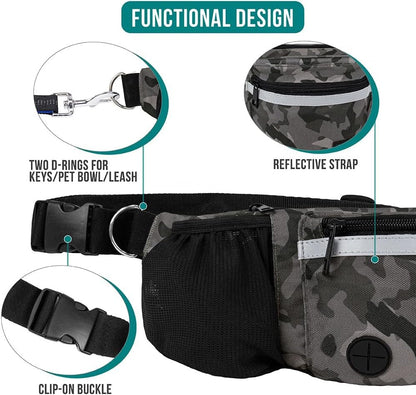 Dog Fanny Pack, Treat Pouch for Dog Walking, Training, Built in Poop Bag Dispenser, Water Bottle Holder, Collapsible Bowl, Pet Treat Waist Belt for Hiking, Running, Kibbles (Camo Black) - FurrrBabies & More! - 726084350601