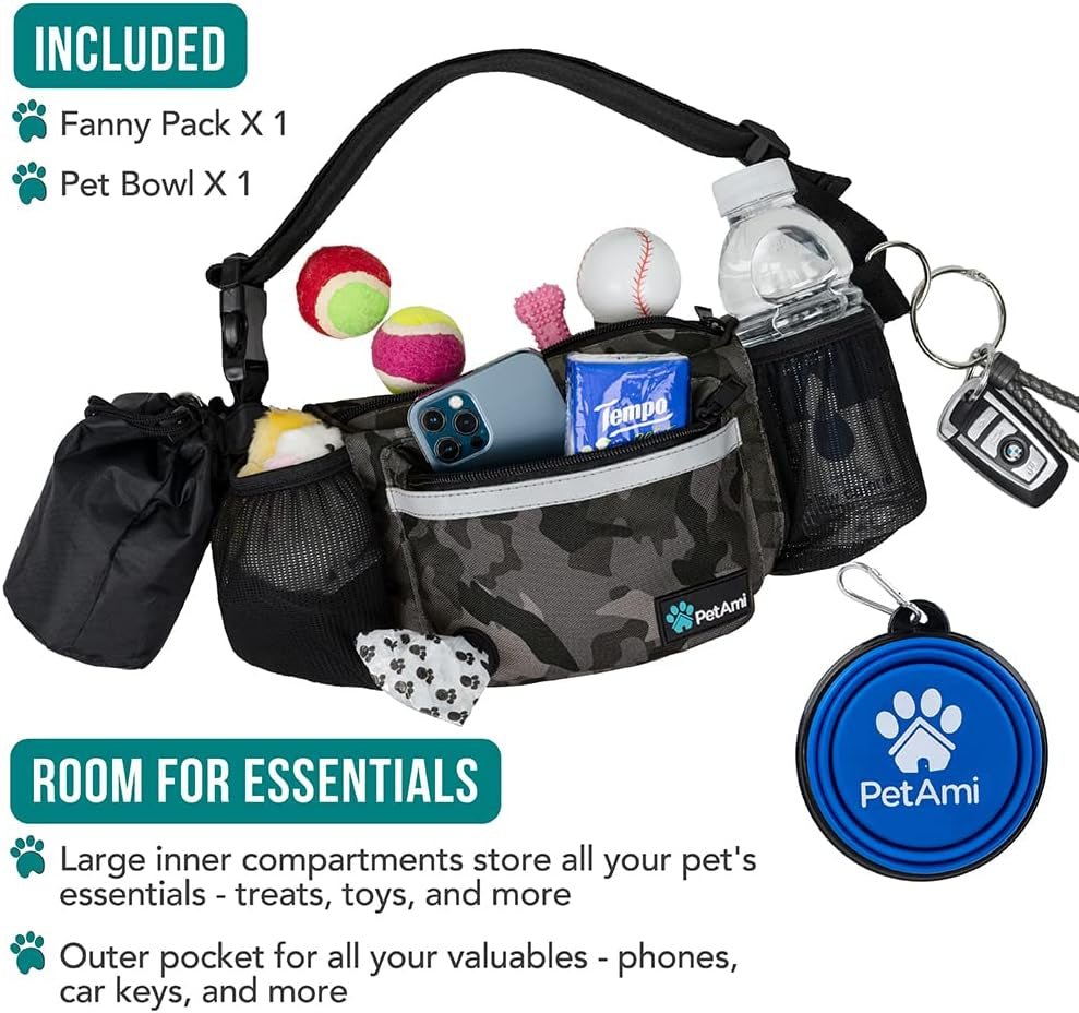 Dog Fanny Pack, Treat Pouch for Dog Walking, Training, Built in Poop Bag Dispenser, Water Bottle Holder, Collapsible Bowl, Pet Treat Waist Belt for Hiking, Running, Kibbles (Camo Black) - FurrrBabies & More! - 726084350601