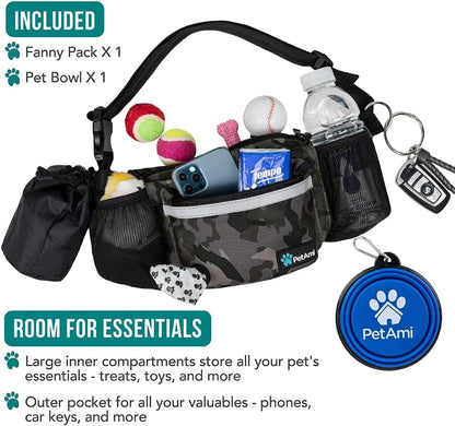 Dog Fanny Pack, Treat Pouch for Dog Walking, Training, Built in Poop Bag Dispenser, Water Bottle Holder, Collapsible Bowl, Pet Treat Waist Belt for Hiking, Running, Kibbles (Camo Black) - FurrrBabies & More! - 726084350601