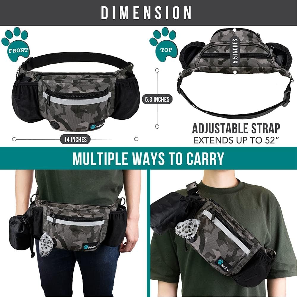 Dog Fanny Pack, Treat Pouch for Dog Walking, Training, Built in Poop Bag Dispenser, Water Bottle Holder, Collapsible Bowl, Pet Treat Waist Belt for Hiking, Running, Kibbles (Camo Black) - FurrrBabies & More! - 726084350601