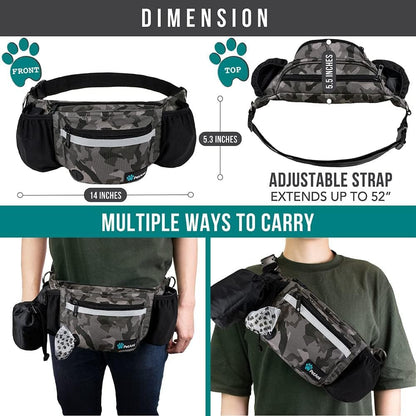 Dog Fanny Pack, Treat Pouch for Dog Walking, Training, Built in Poop Bag Dispenser, Water Bottle Holder, Collapsible Bowl, Pet Treat Waist Belt for Hiking, Running, Kibbles (Camo Black) - FurrrBabies & More! - 726084350601