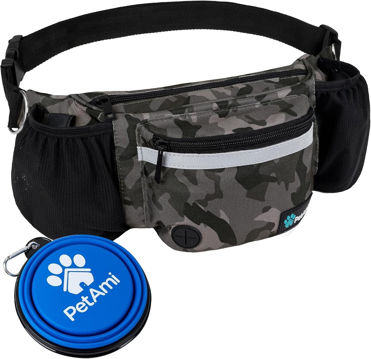 Dog Fanny Pack, Treat Pouch for Dog Walking, Training, Built in Poop Bag Dispenser, Water Bottle Holder, Collapsible Bowl, Pet Treat Waist Belt for Hiking, Running, Kibbles (Camo Black) - FurrrBabies & More! - 726084350601