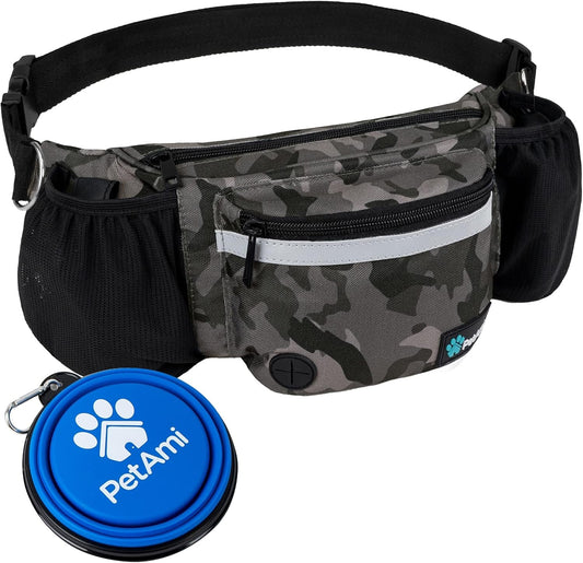 Dog Fanny Pack, Treat Pouch for Dog Walking, Training, Built in Poop Bag Dispenser, Water Bottle Holder, Collapsible Bowl, Pet Treat Waist Belt for Hiking, Running, Kibbles (Camo Black) - FurrrBabies & More! - 726084350601