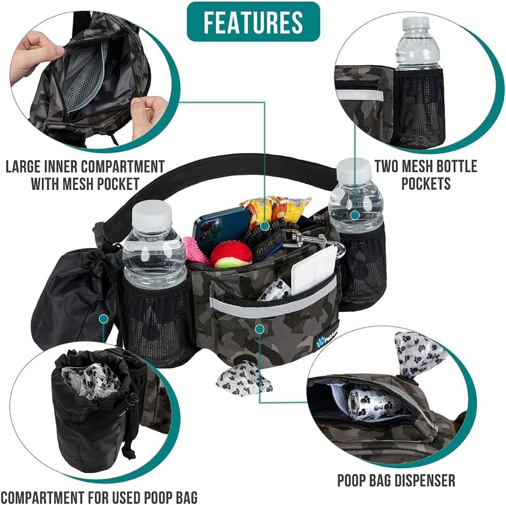 Dog Fanny Pack, Treat Pouch for Dog Walking, Training, Built in Poop Bag Dispenser, Water Bottle Holder, Collapsible Bowl, Pet Treat Waist Belt for Hiking, Running, Kibbles (Camo Black) - FurrrBabies & More! - 726084350601