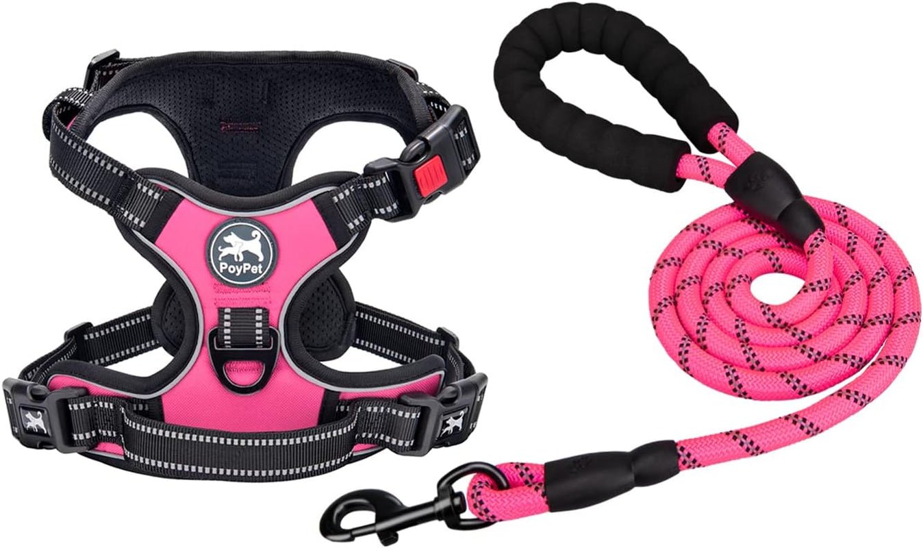 Dog Harness and Leash Combo, Escape Proof No Pull Vest Harness, with 5 Feet Leash, Reflective Adjustable Soft Padded Pet Harness with Handle for Small to Large Dogs(Pink,M) - FurrrBabies & More! - 744110177268