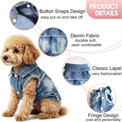 Dog Jean Jacket, Blue Denim Lapel Vest Coat T-Shirt Costume Girl Boy Puppy Clothes, Comfort and Cool Apparel for Small Medium Dogs Cats - FurrrBabies & More! - 313032730785