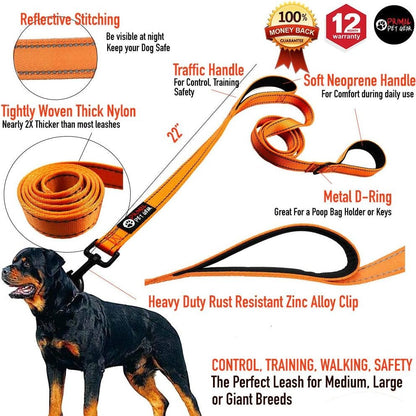 Dog Leash 6Ft Long,Traffic Padded Two Handle,Heavy Duty,Reflective Double Handles Lead for Control Safety Training,Leashes for Large Dogs or Medium Dogs,Dual Handles Leads(Orange) - FurrrBabies & More! - 313023142108