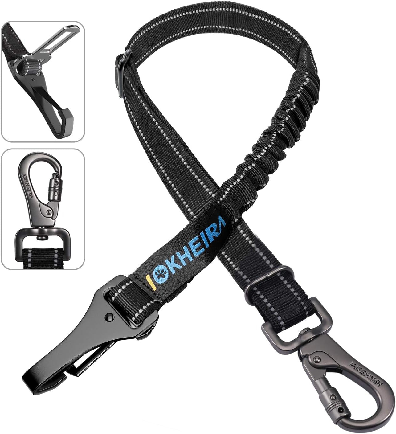Dog Seat Belt 3 - In - 1 Car Harness for Dogs Adjustable Safety Seatbelt for Car Nylon Reflective Bungee Fabric Dog Car Harness with Clip Hook Latch & Buckle, Swivel Zinc Alloy Carabiner (Black) - FurrrBabies & More! - 313019679656