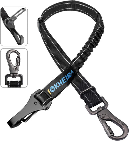 Dog Seat Belt 3 - In - 1 Car Harness for Dogs Adjustable Safety Seatbelt for Car Nylon Reflective Bungee Fabric Dog Car Harness with Clip Hook Latch & Buckle, Swivel Zinc Alloy Carabiner (Black) - FurrrBabies & More! - 313019679656