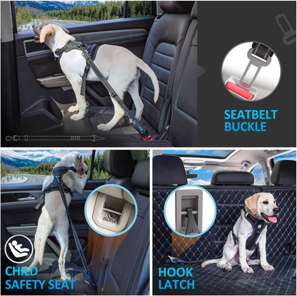 Dog Seat Belt 3 - In - 1 Car Harness for Dogs Adjustable Safety Seatbelt for Car Nylon Reflective Bungee Fabric Dog Car Harness with Clip Hook Latch & Buckle, Swivel Zinc Alloy Carabiner (Black) - FurrrBabies & More! - 313019679656