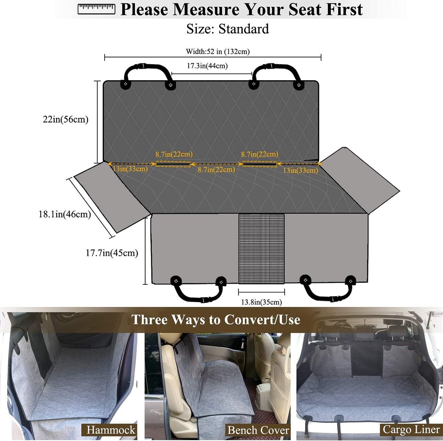 Dog Seat Cover Easyhammock Dog Hammock, Seat Cover for Car, Back Backseat Split Hair Resistant Protector for Pet, Standard, Heather Black - FurrrBabies & More! - 7445047386336