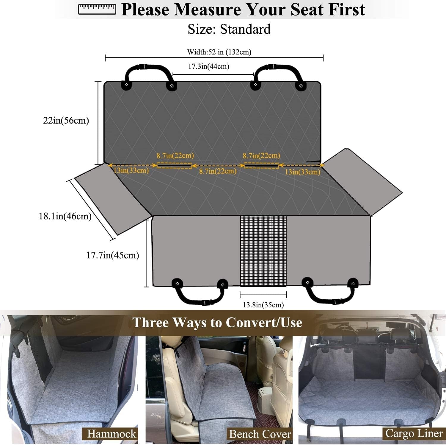 Dog Seat Cover Easyhammock Dog Hammock, Seat Cover for Car, Back Backseat Split Hair Resistant Protector for Pet, Standard, Heather Black - FurrrBabies & More! - 7445047386336