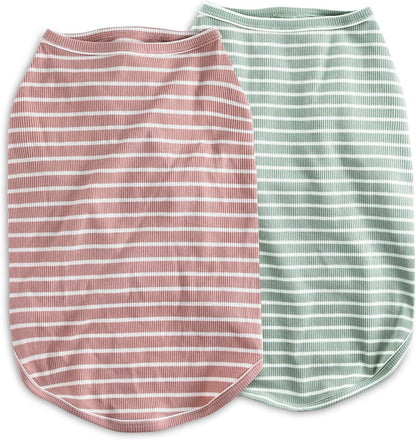 Dog Shirt Vest Lightweight Stretchy Dog T-Shirts Soft Cool Shirts Sleeveless Stripe Vests Breathable Clothes for Puppy Kitty Cats Small Medium Large Dogs 2 Pack Pink + Green [ L/Large ] - FurrrBabies & More! - 7445038356317