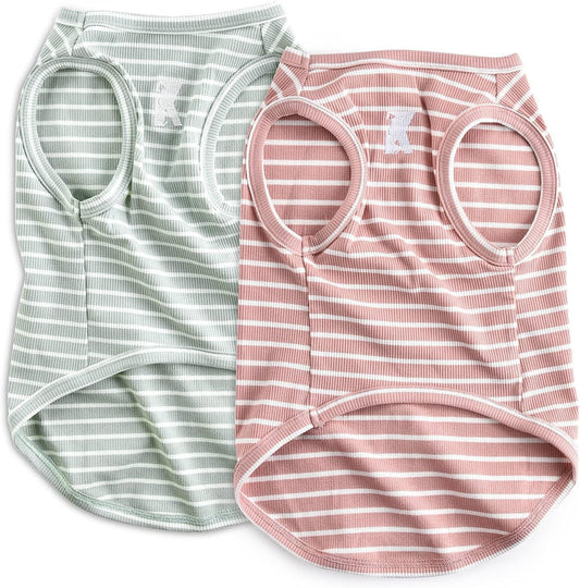 Dog Shirt Vest Lightweight Stretchy Dog T-Shirts Soft Cool Sleeveless Stripe Vests Breathable Clothes for Puppy Kitty Cats Small Medium Large Dogs 2 Pack Pink + Green [ S/Small ] - FurrrBabies & More! - 7445038460465