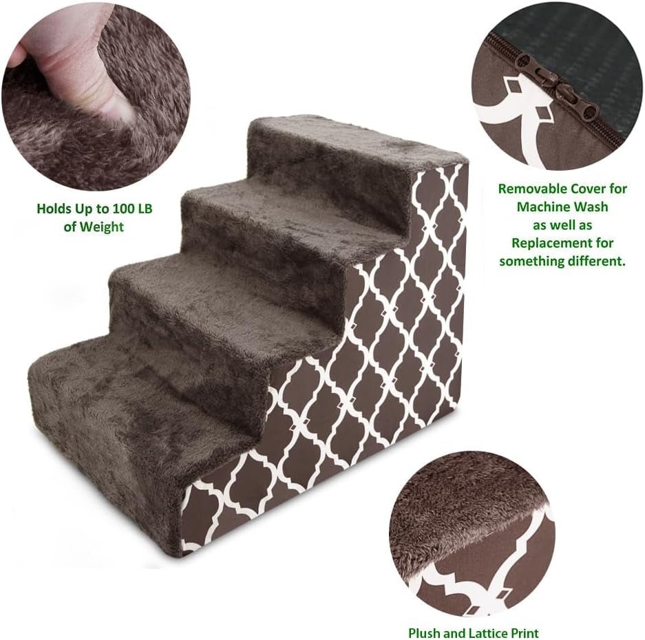 Dog Stairs & Steps - Foam Steps for Small Dogs & Cats, Non - Slip Indoor Balanced Pet Step Support, Dog Ramp, No Assembly, Brown Lattice Print, 4 - Step (18 - Inch Height) - FurrrBabies & More! - H: 18 Inches (Standard) - 744759117274