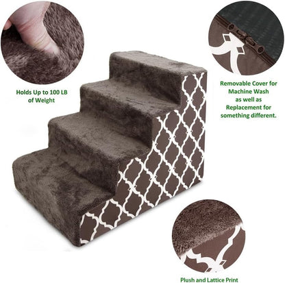 Dog Stairs & Steps - Foam Steps for Small Dogs & Cats, Non - Slip Indoor Balanced Pet Step Support, Dog Ramp, No Assembly, Brown Lattice Print, 4 - Step (18 - Inch Height) - FurrrBabies & More! - H: 18 Inches (Standard) - 744759117274