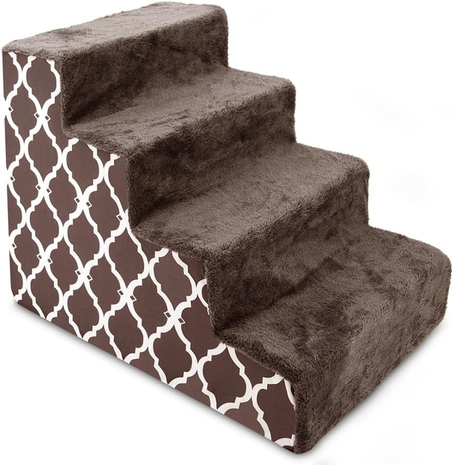 Dog Stairs & Steps - Foam Steps for Small Dogs & Cats, Non - Slip Indoor Balanced Pet Step Support, Dog Ramp, No Assembly, Brown Lattice Print, 4 - Step (18 - Inch Height) - FurrrBabies & More! - H: 18 Inches (Standard) - 744759117274