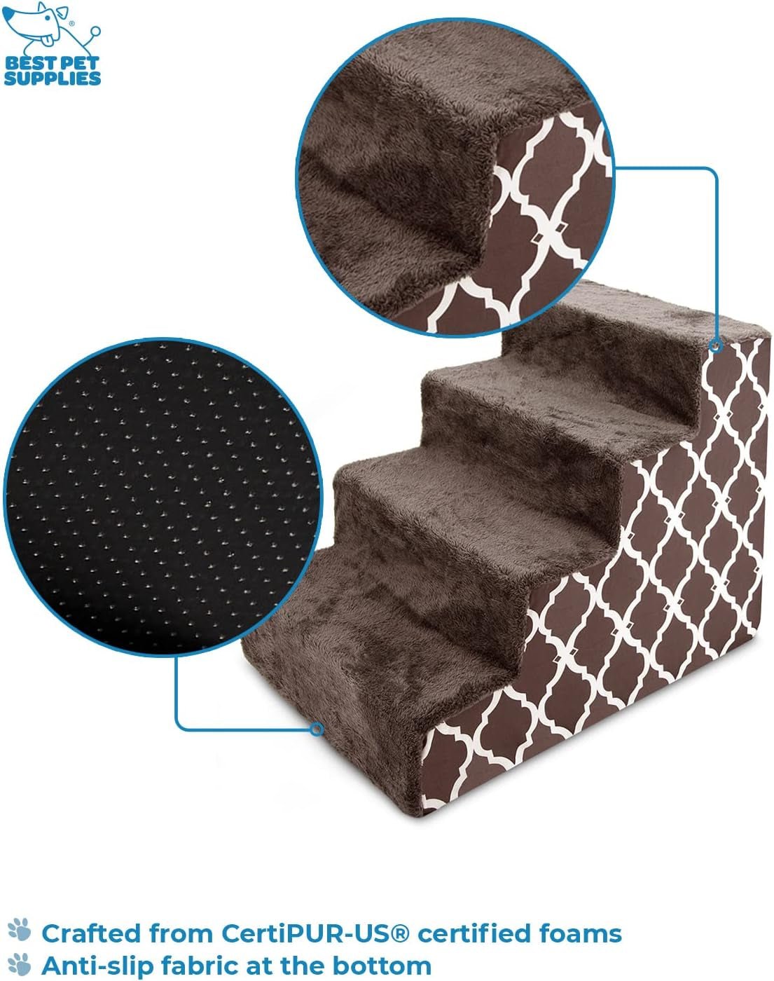Dog Stairs & Steps - Foam Steps for Small Dogs & Cats, Non - Slip Indoor Balanced Pet Step Support, Dog Ramp, No Assembly, Brown Lattice Print, 4 - Step (18 - Inch Height) - FurrrBabies & More! - H: 18 Inches (Standard) - 744759117274
