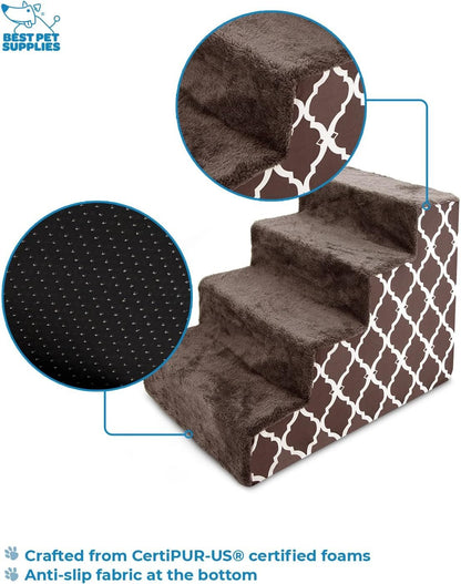 Dog Stairs & Steps - Foam Steps for Small Dogs & Cats, Non - Slip Indoor Balanced Pet Step Support, Dog Ramp, No Assembly, Brown Lattice Print, 4 - Step (18 - Inch Height) - FurrrBabies & More! - H: 18 Inches (Standard) - 744759117274