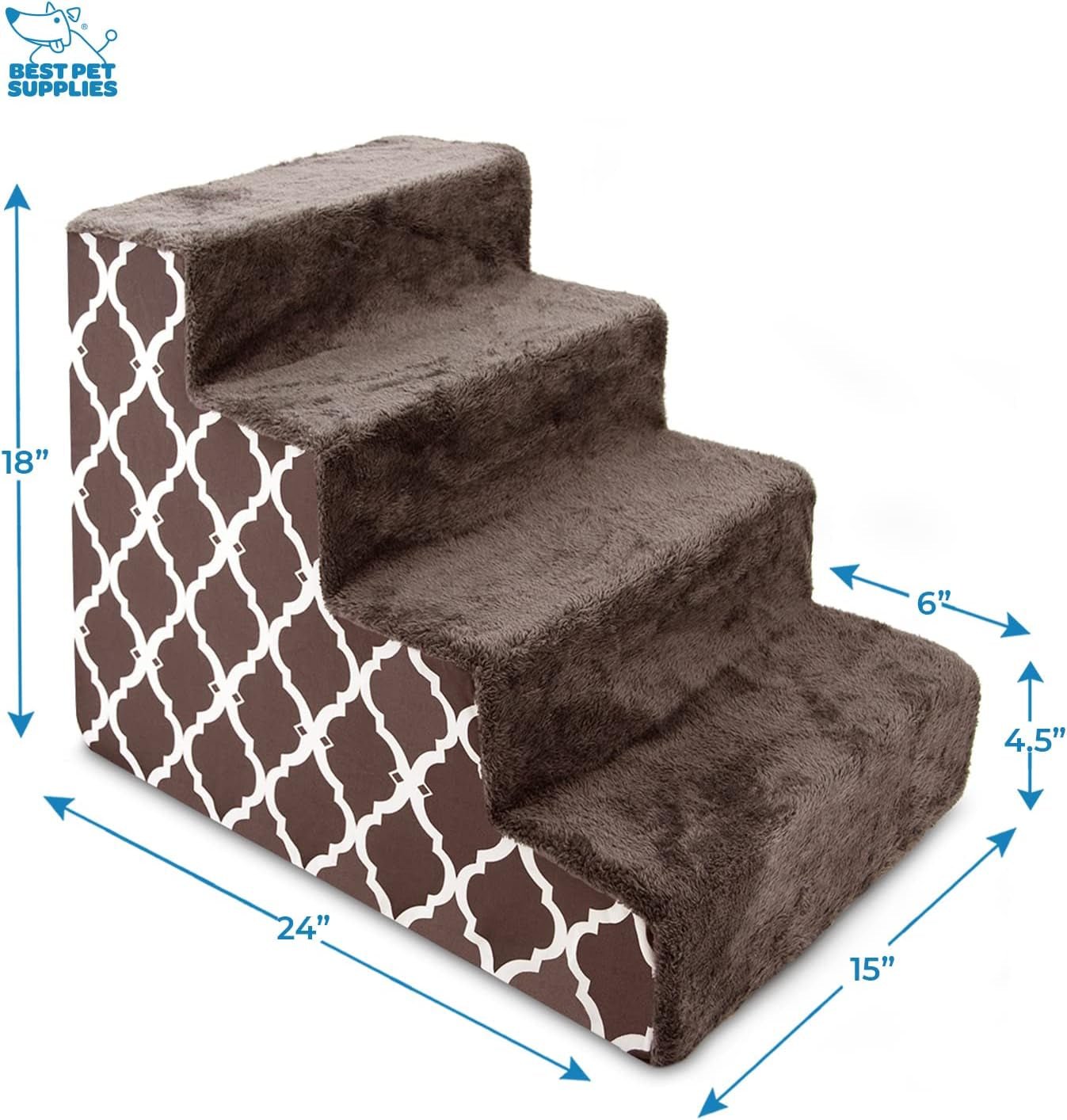 Dog Stairs & Steps - Foam Steps for Small Dogs & Cats, Non - Slip Indoor Balanced Pet Step Support, Dog Ramp, No Assembly, Brown Lattice Print, 4 - Step (18 - Inch Height) - FurrrBabies & More! - H: 18 Inches (Standard) - 744759117274
