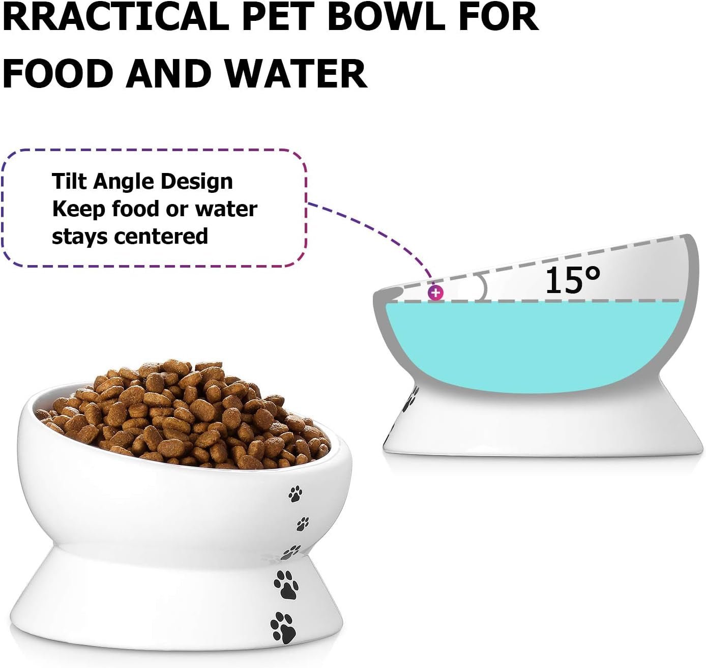 Elevated Cat Food Bowl, Raised Food and Water Bowl for Cat and Small Dog, Tilted Ceramic Water Bowls No Spill,15Oz, Dishwasher Safe - FurrrBabies & More! - 744110355390