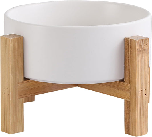 Elevated Ceramic Cat Bowl - Cat Food Bowl with Bamboo Stand - Raised Dog Dish for Puppies - anti Vomiting, Stress Free - 13.5 Oz / 400 Ml - White - FurrrBabies & More! - 7445047172120