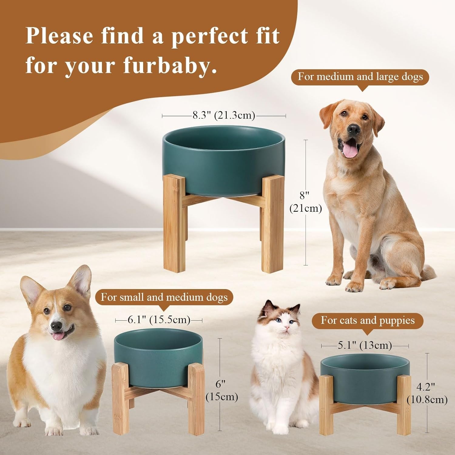 Elevated Ceramic Cat Bowl - Cat Food Bowl with Bamboo Stand - Raised Dog Dish for Puppies - anti Vomiting, Stress Free - 13.5 Oz / 400 Ml - White - FurrrBabies & More! - 7445047172120