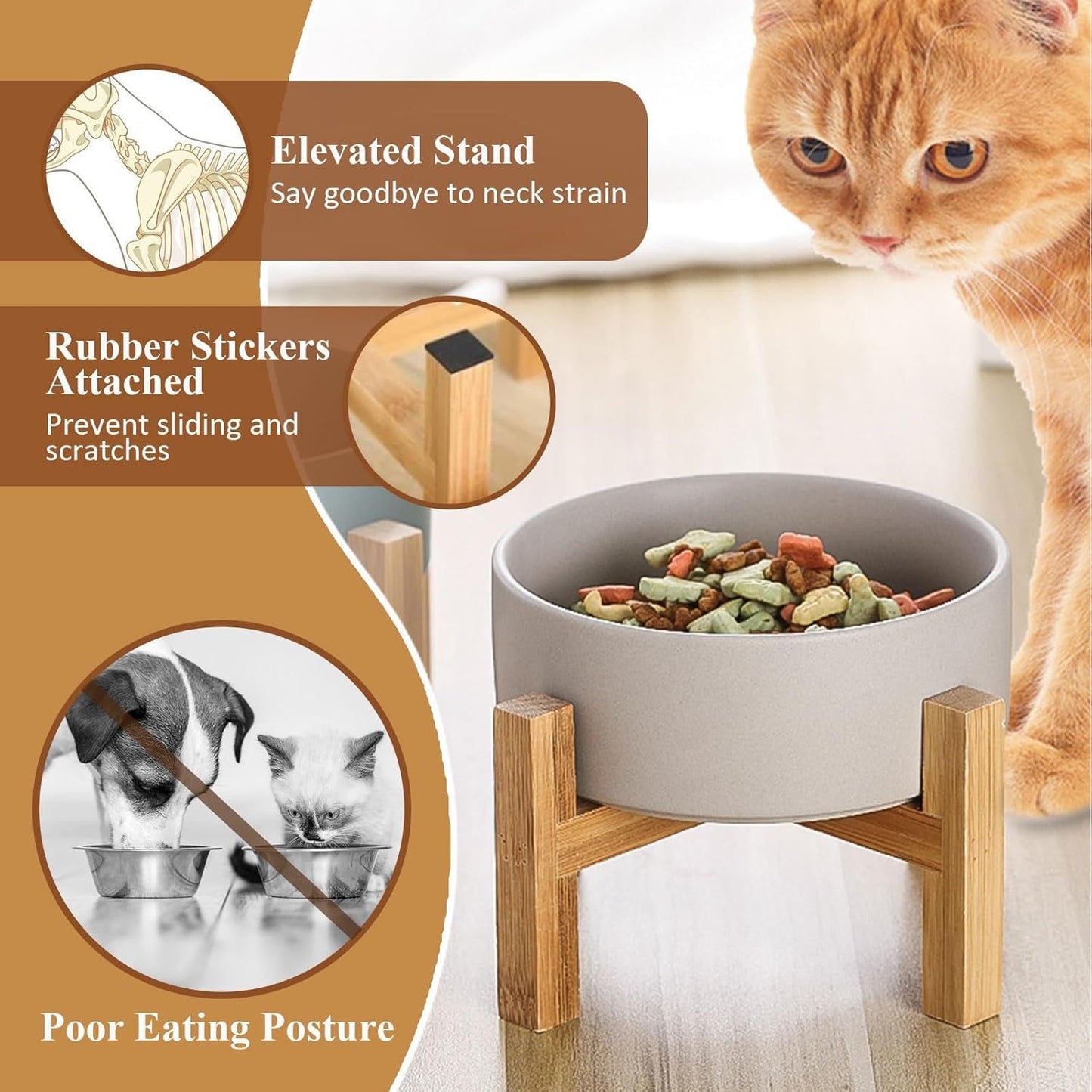 Elevated Ceramic Cat Bowl - Cat Food Bowl with Bamboo Stand - Raised Dog Dish for Puppies - anti Vomiting, Stress Free - 13.5 Oz / 400 Ml - White - FurrrBabies & More! - 7445047172120