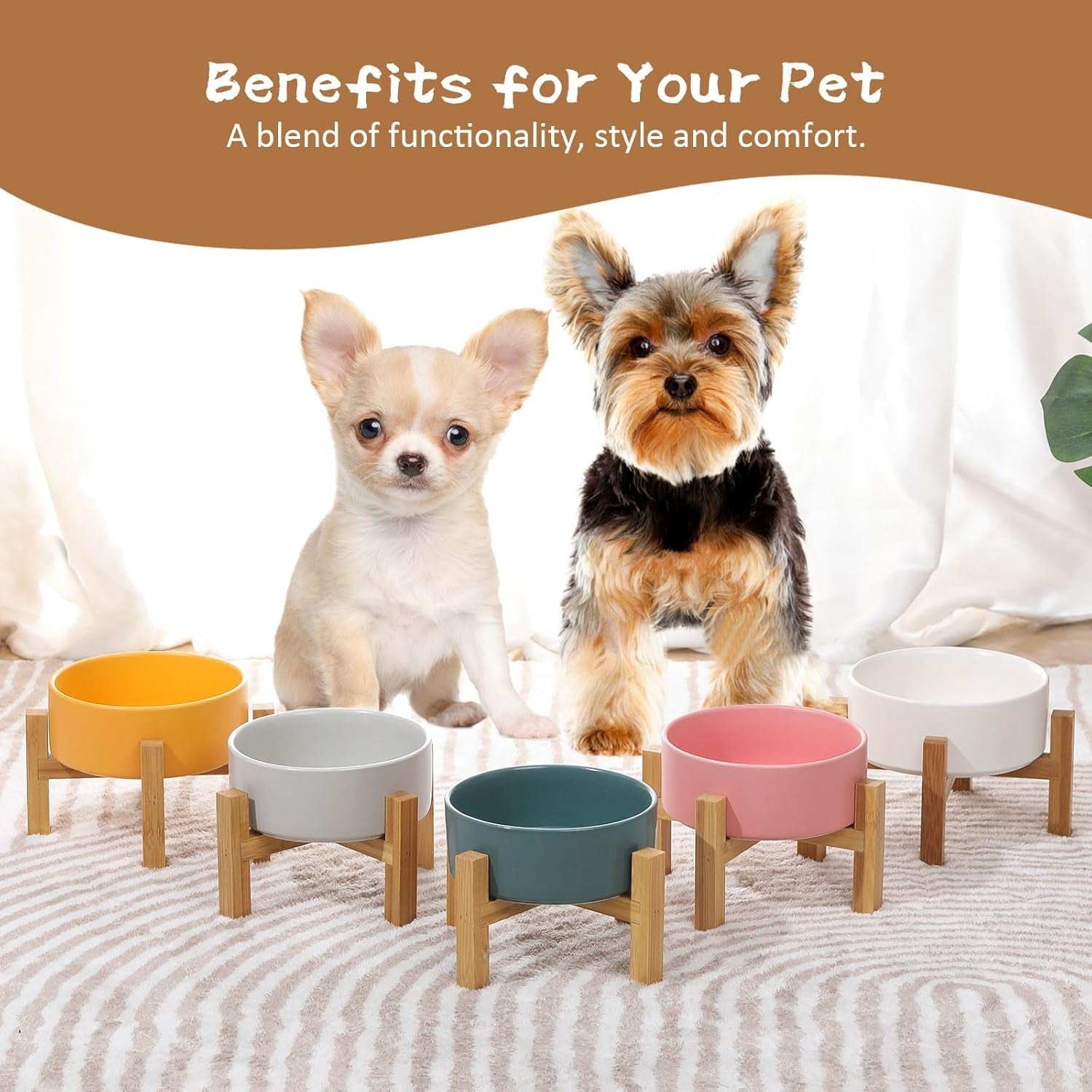 Elevated Ceramic Cat Bowl - Cat Food Bowl with Bamboo Stand - Raised Dog Dish for Puppies - anti Vomiting, Stress Free - 13.5 Oz / 400 Ml - White - FurrrBabies & More! - 7445047172120