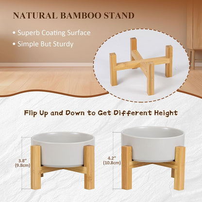 Elevated Ceramic Cat Bowl - Cat Food Bowl with Bamboo Stand - Raised Dog Dish for Puppies - anti Vomiting, Stress Free - 13.5 Oz / 400 Ml - White - FurrrBabies & More! - 7445047172120