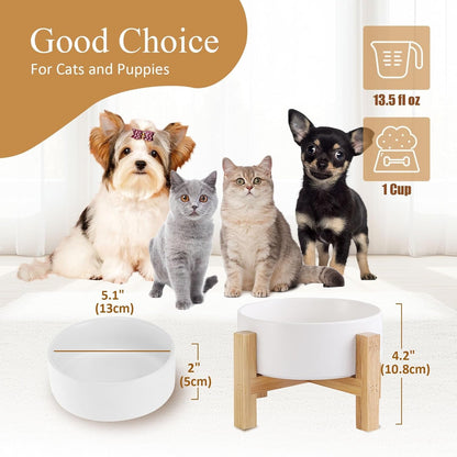 Elevated Ceramic Cat Bowl - Cat Food Bowl with Bamboo Stand - Raised Dog Dish for Puppies - anti Vomiting, Stress Free - 13.5 Oz / 400 Ml - White - FurrrBabies & More! - 7445047172120