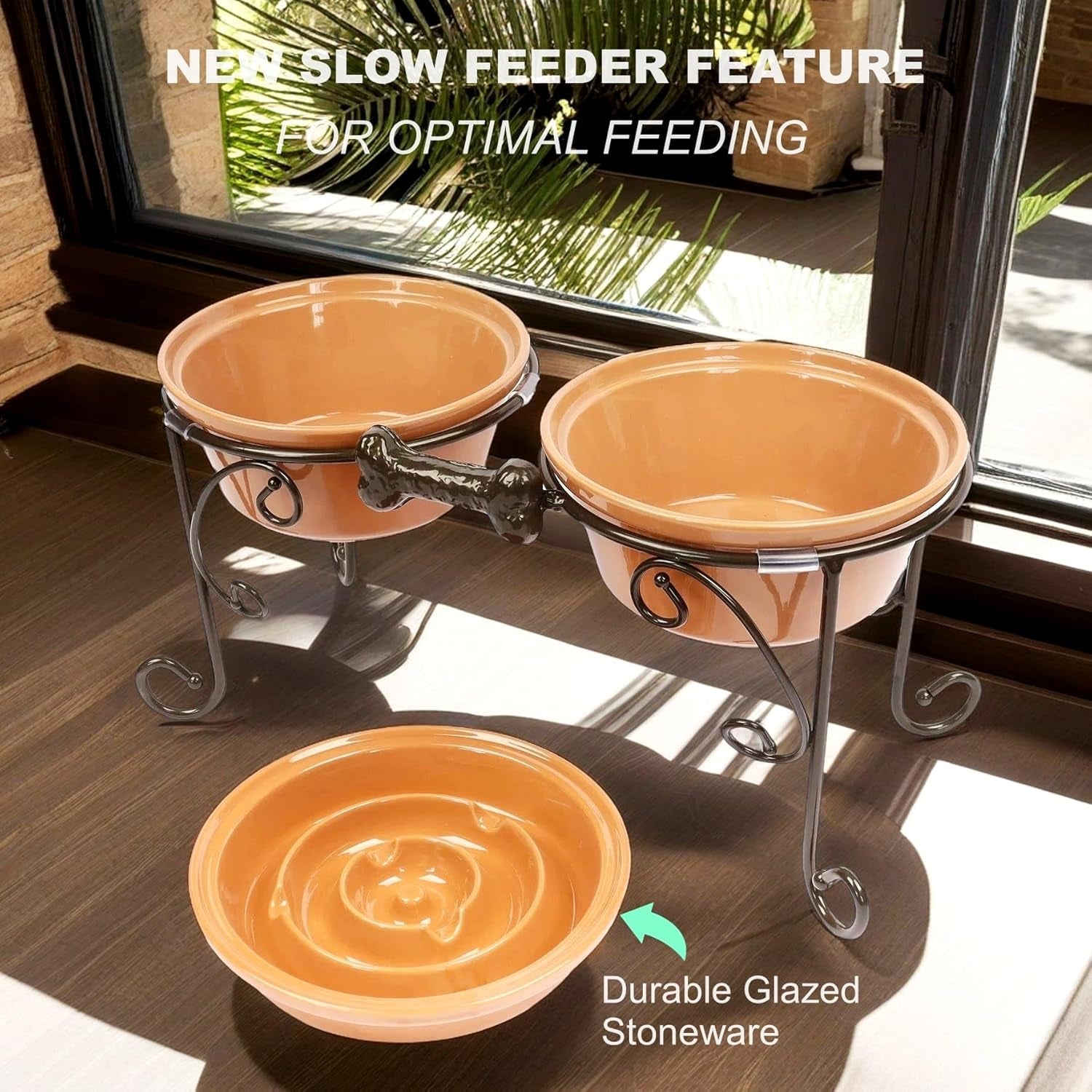 Elevated Dog Bowl Stand with 3 Large Ceramic Bowls – Raised Feeding Station for Medium & Large Dogs, Includes 2 Standard Bowls + 1 Slow Feeder, Durable Iron Frame, Non - Slip (Almond) - FurrrBabies & More! - 726084463196