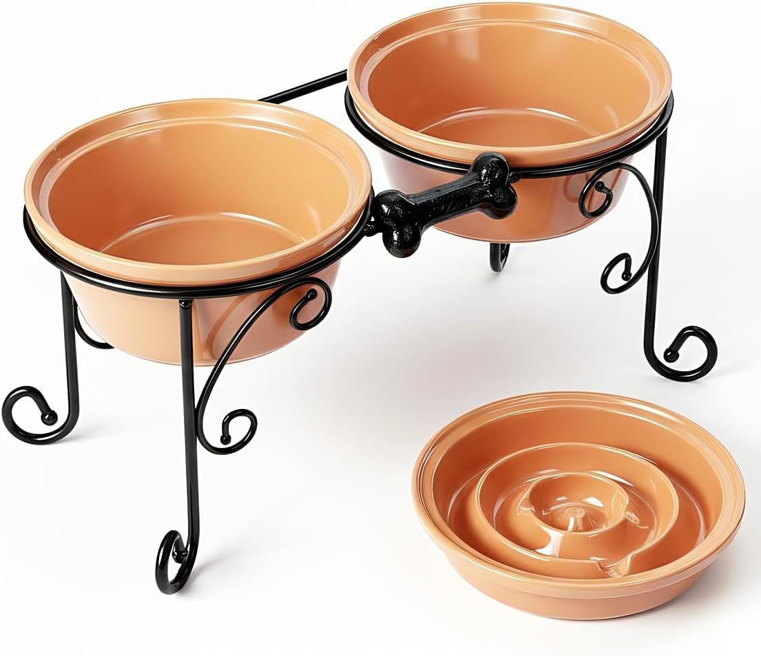 Elevated Dog Bowl Stand with 3 Large Ceramic Bowls – Raised Feeding Station for Medium & Large Dogs, Includes 2 Standard Bowls + 1 Slow Feeder, Durable Iron Frame, Non - Slip (Almond) - FurrrBabies & More! - 726084463196