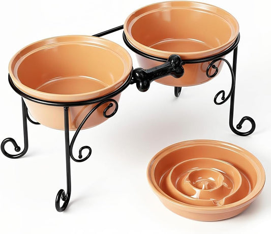 Elevated Dog Bowl Stand with 3 Large Ceramic Bowls – Raised Feeding Station for Medium & Large Dogs, Includes 2 Standard Bowls + 1 Slow Feeder, Durable Iron Frame, Non - Slip (Almond) - FurrrBabies & More! - 726084463196